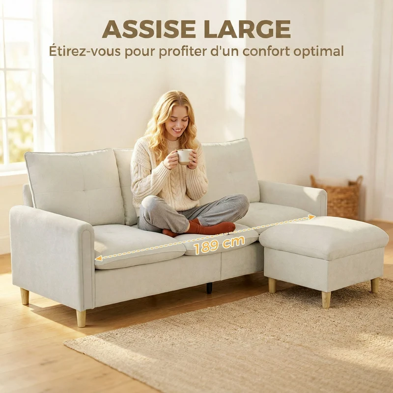 Canapé 3 places d'angle modulable salon 210 x 77 x 80 cm pouf de rangement assise large contemporain en tissu crème 21_0003649