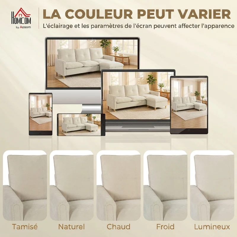 Canapé 3 places d'angle modulable salon 210 x 77 x 80 cm pouf de rangement assise large contemporain en tissu crème 21_0003649