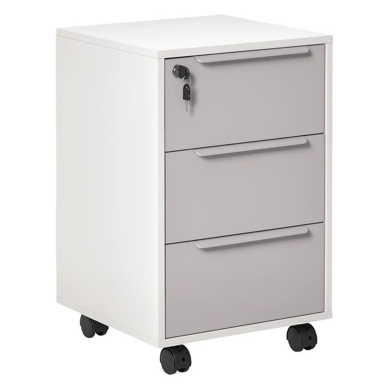 Caisson de bureau à roulettes 40 x 40 x 63.5 cm 3 tiroirs serrure 4 roulettes gain de place design moderne en MDF blanc 21_0002454