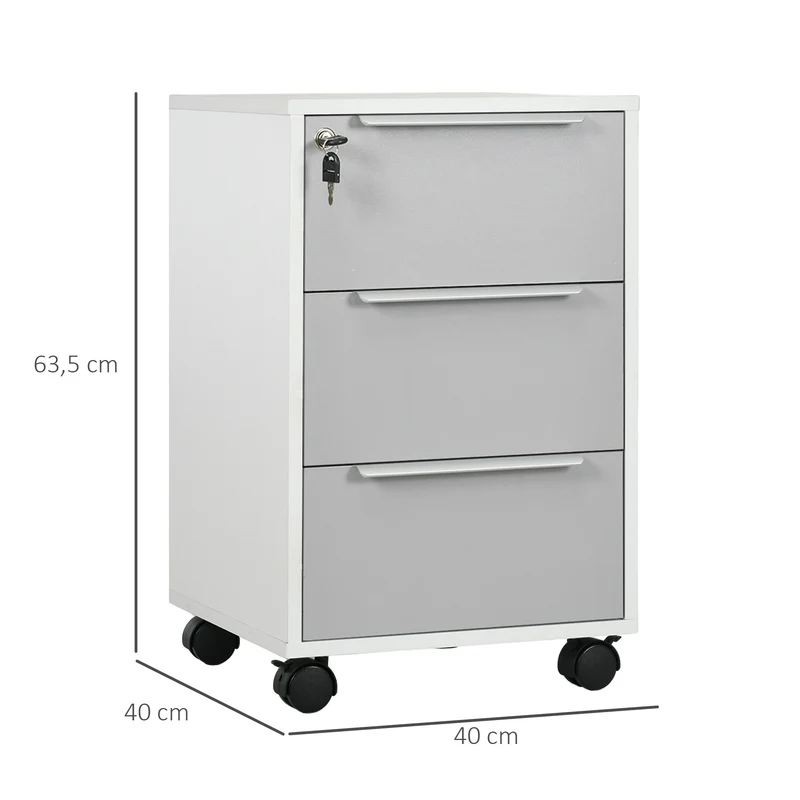 Caisson de bureau à roulettes 40 x 40 x 63.5 cm 3 tiroirs serrure 4 roulettes gain de place design moderne en MDF blanc 21_0002454