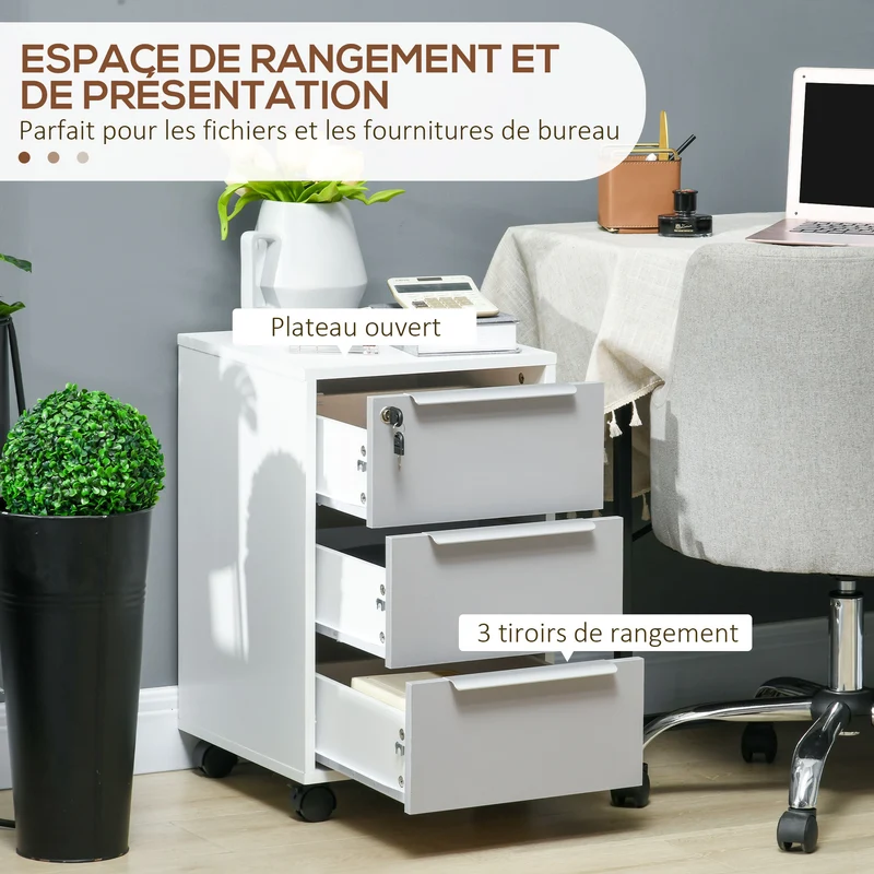 Caisson de bureau à roulettes 40 x 40 x 63.5 cm 3 tiroirs serrure 4 roulettes gain de place design moderne en MDF blanc 21_0002454