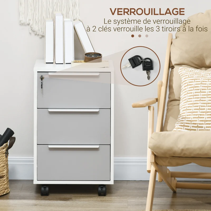 Caisson de bureau à roulettes 40 x 40 x 63.5 cm 3 tiroirs serrure 4 roulettes gain de place design moderne en MDF blanc 21_0002454