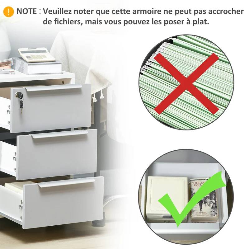 Caisson de bureau à roulettes 40 x 40 x 63.5 cm 3 tiroirs serrure 4 roulettes gain de place design moderne en MDF blanc 21_0002454