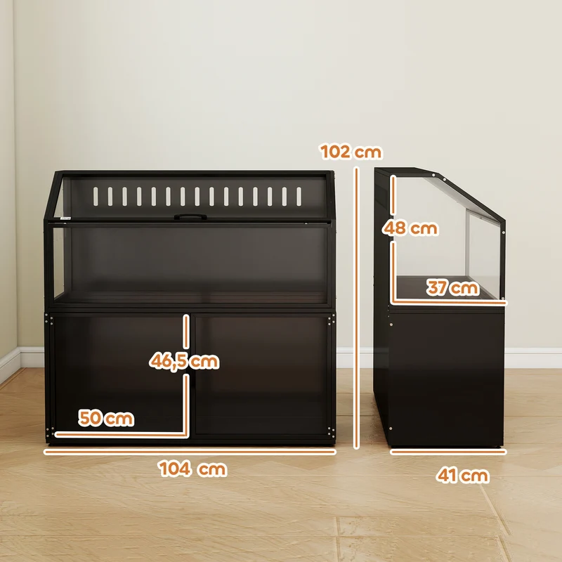 Cage hamster 2 en 1 avec rangement intégré ouverture par le haut 104 x 41 x 102 cm spacieux moderne épuré en acier noir 21_0008025