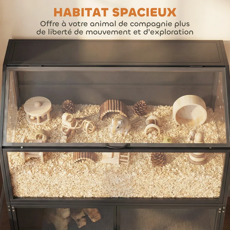 Cage hamster 2 en 1 avec rangement intégré ouverture par le haut 104 x 41 x 102 cm spacieux moderne épuré en acier noir 21_0008025