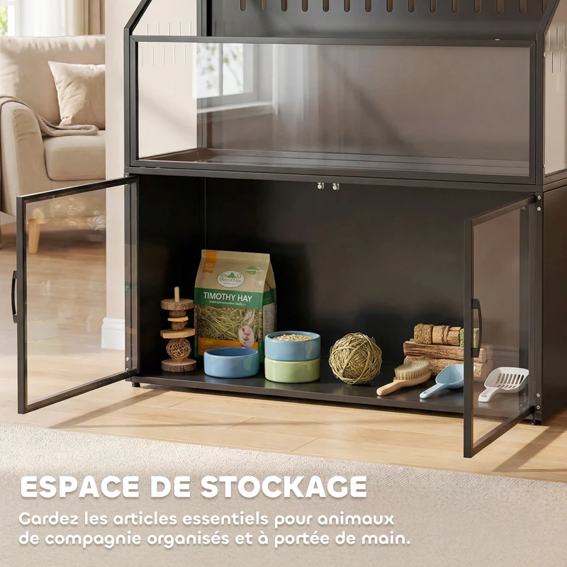 Cage hamster 2 en 1 avec rangement intégré ouverture par le haut 104 x 41 x 102 cm spacieux moderne épuré en acier noir 21_0008025