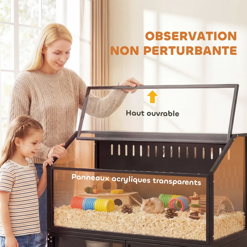 Cage hamster 2 en 1 avec rangement intégré ouverture par le haut 104 x 41 x 102 cm spacieux moderne épuré en acier noir 21_0008025