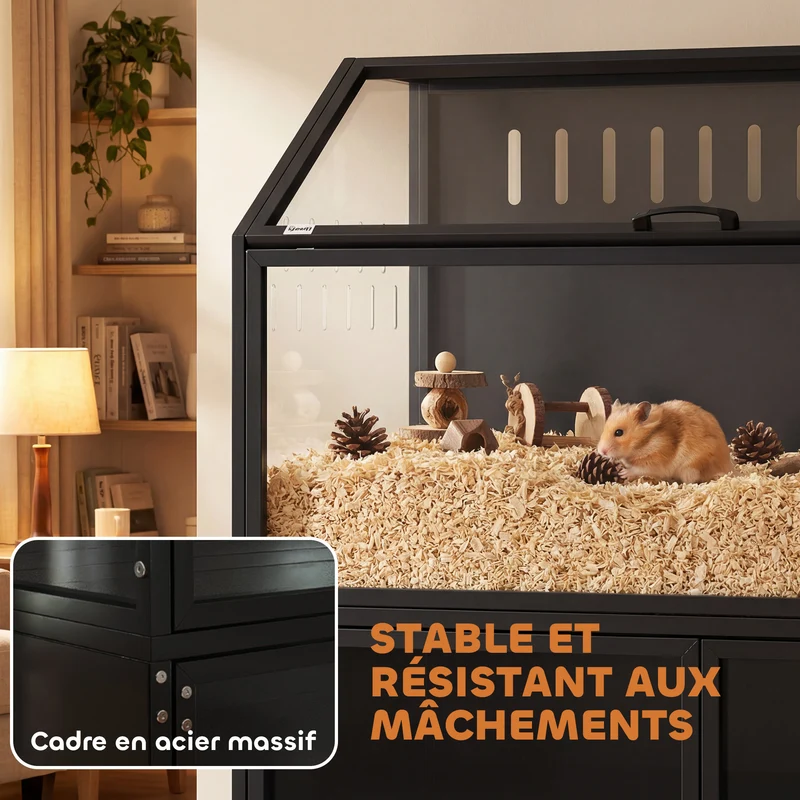 Cage hamster 2 en 1 avec rangement intégré ouverture par le haut 104 x 41 x 102 cm spacieux moderne épuré en acier noir 21_0008025