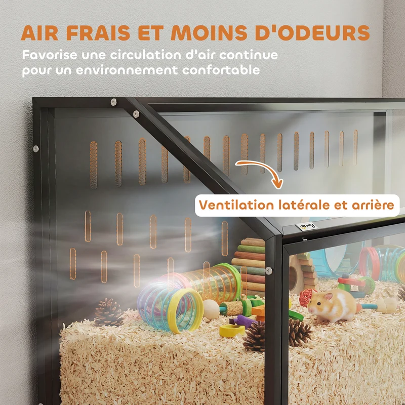 Cage hamster 2 en 1 avec rangement intégré ouverture par le haut 104 x 41 x 102 cm spacieux moderne épuré en acier noir 21_0008025