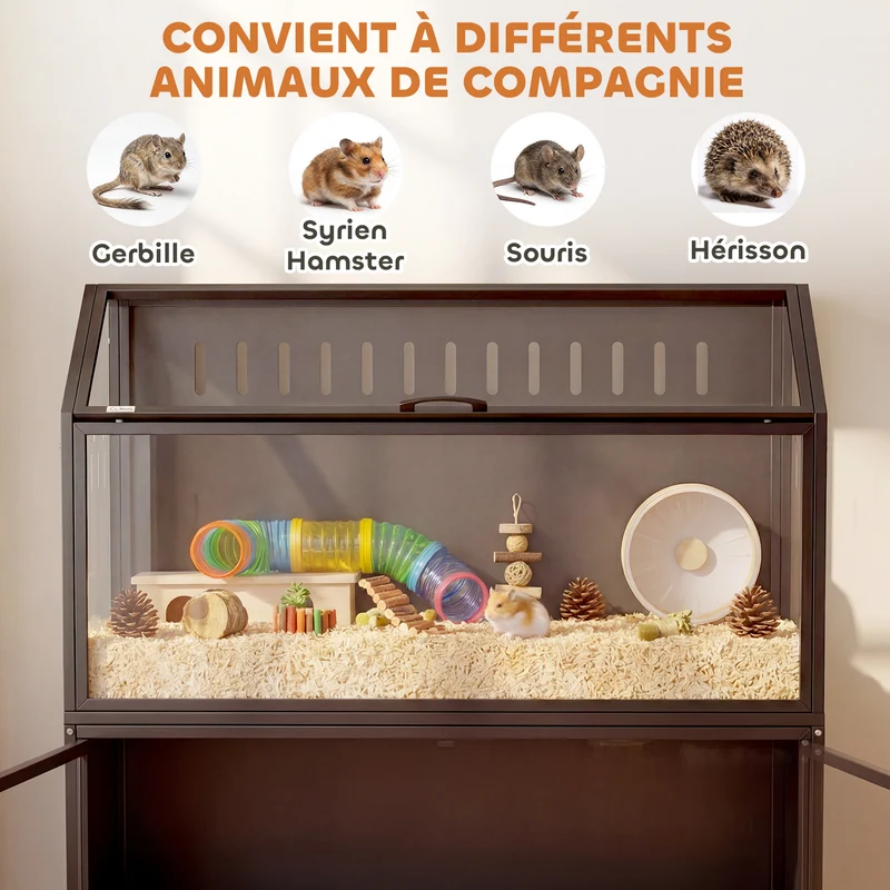 Cage hamster 2 en 1 avec rangement intégré ouverture par le haut 104 x 41 x 102 cm spacieux moderne épuré en acier noir 21_0008025