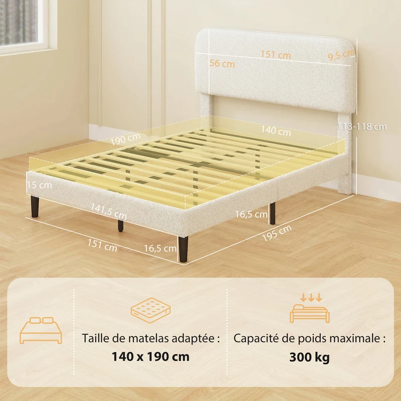 Cadre de lit rembourré tête de lit réglable 140 x 190 cm espace de rangement sous lit contemporain en polyester blanc 21_0003786