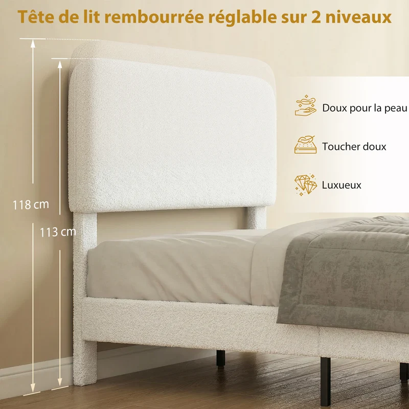 Cadre de lit rembourré tête de lit réglable 140 x 190 cm espace de rangement sous lit contemporain en polyester blanc 21_0003786