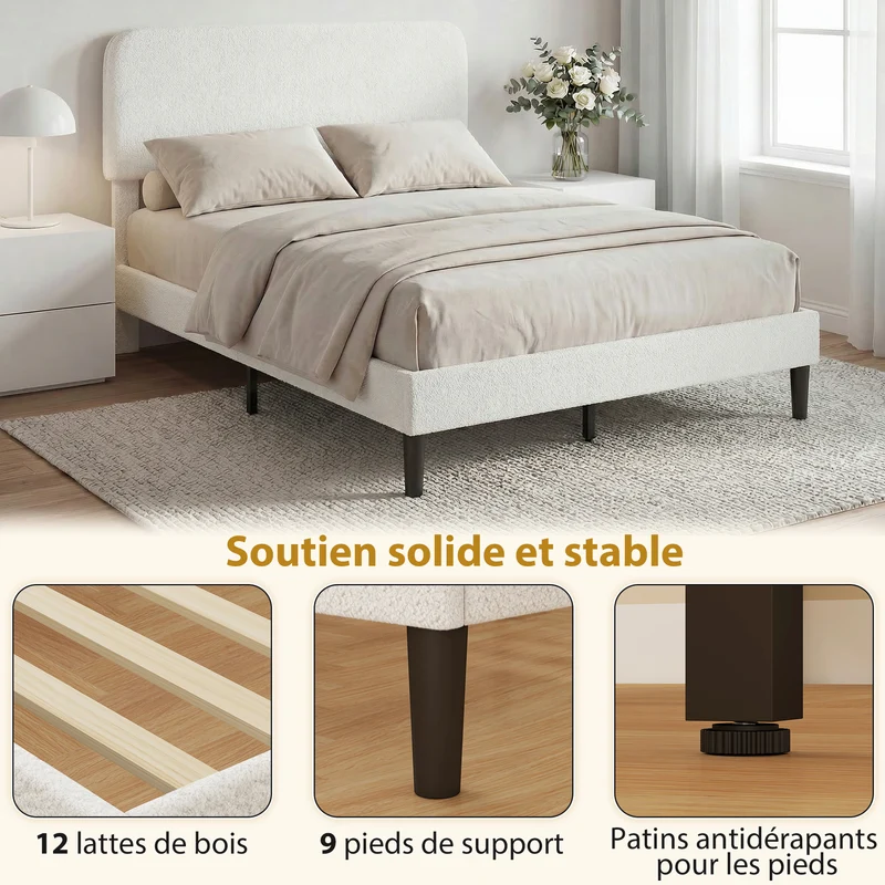 Cadre de lit rembourré tête de lit réglable 140 x 190 cm espace de rangement sous lit contemporain en polyester blanc 21_0003786