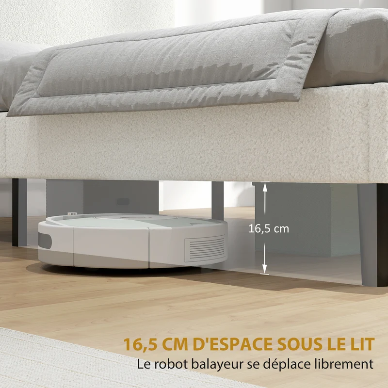 Cadre de lit rembourré tête de lit réglable 140 x 190 cm espace de rangement sous lit contemporain en polyester blanc 21_0003786