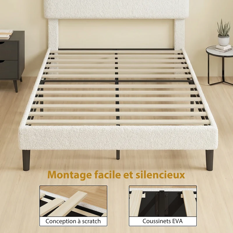 Cadre de lit rembourré tête de lit réglable 140 x 190 cm espace de rangement sous lit contemporain en polyester blanc 21_0003786