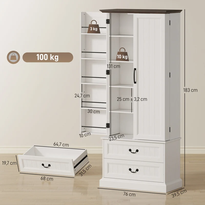 Buffet haut de cuisine 76 x 39,5 x 183 cm éclairage à capteur rangement modulable style rustique classique en MDF blanc 21_0003347