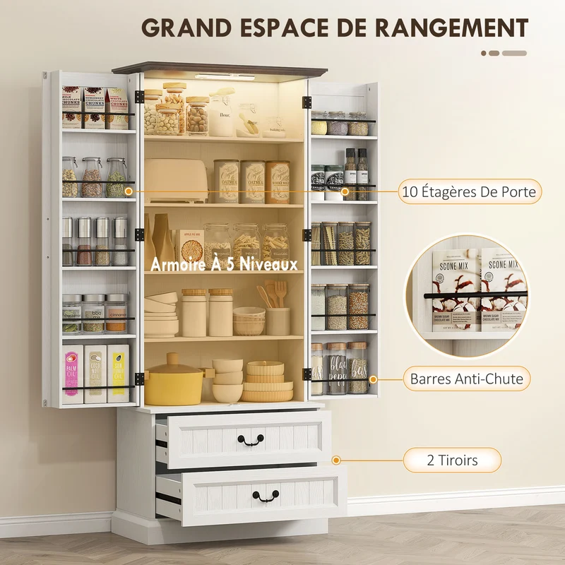 Buffet haut de cuisine 76 x 39,5 x 183 cm éclairage à capteur rangement modulable style rustique classique en MDF blanc 21_0003347