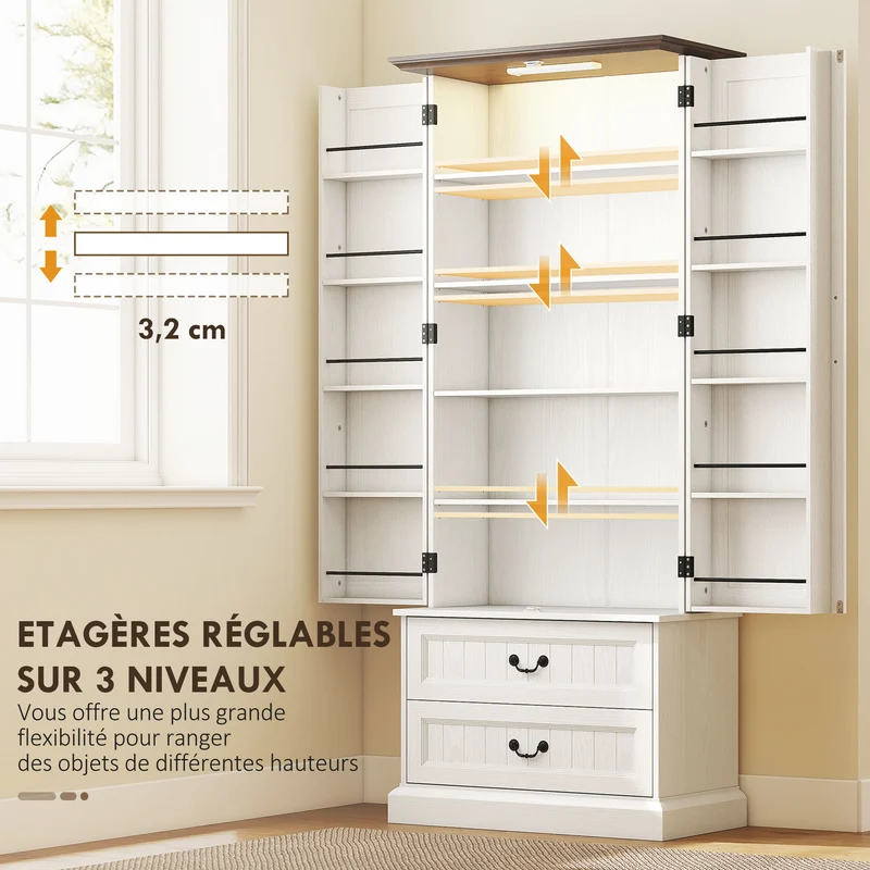 Buffet haut de cuisine 76 x 39,5 x 183 cm éclairage à capteur rangement modulable style rustique classique en MDF blanc 21_0003347