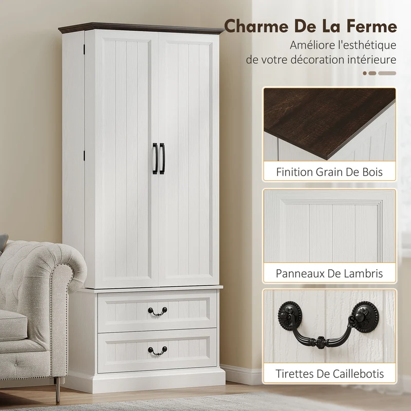 Buffet haut de cuisine 76 x 39,5 x 183 cm éclairage à capteur rangement modulable style rustique classique en MDF blanc 21_0003347