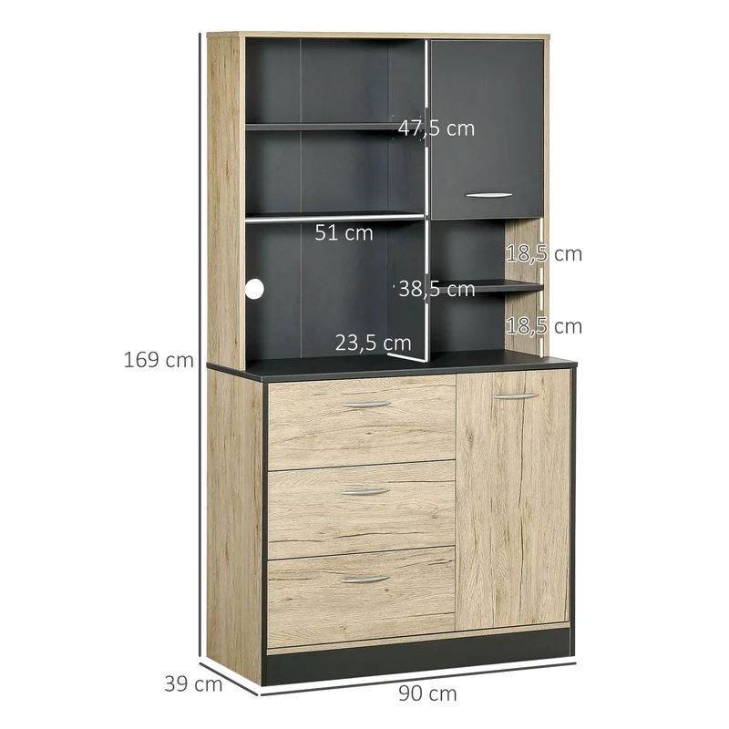 Buffet de cuisine 90 x 39 x 169 cm 2 portes 3 tiroirs grand plan de travail style moderne en panneau de particules chêne 21_0002167