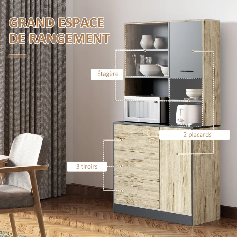Buffet de cuisine 90 x 39 x 169 cm 2 portes 3 tiroirs grand plan de travail style moderne en panneau de particules chêne 21_0002167