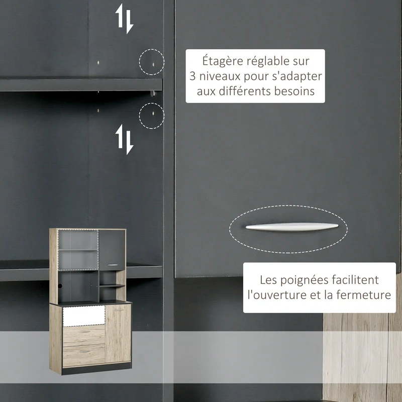 Buffet de cuisine 90 x 39 x 169 cm 2 portes 3 tiroirs grand plan de travail style moderne en panneau de particules chêne 21_0002167