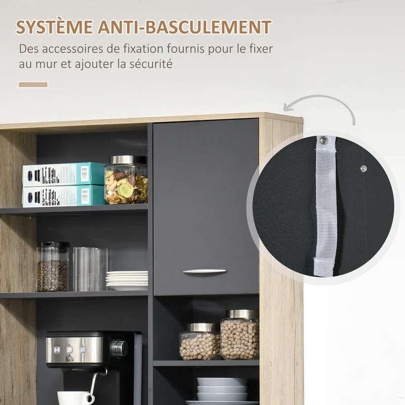 Buffet de cuisine 90 x 39 x 169 cm 2 portes 3 tiroirs grand plan de travail style moderne en panneau de particules chêne 21_0002167