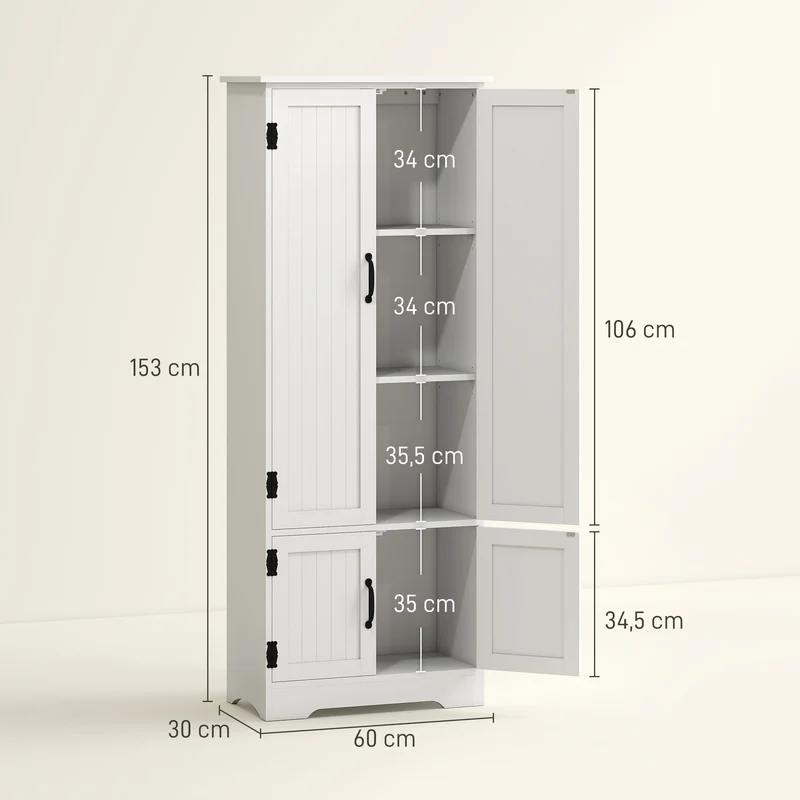 Buffet armoire de cuisine 60 x 30 x 153 cm grand rangement sécurisé multi étagères style contemporain épuré en MDF blanc 21_0002615