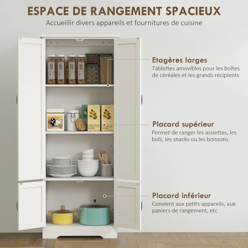Buffet armoire de cuisine 60 x 30 x 153 cm grand rangement sécurisé multi étagères style contemporain épuré en MDF blanc 21_0002615