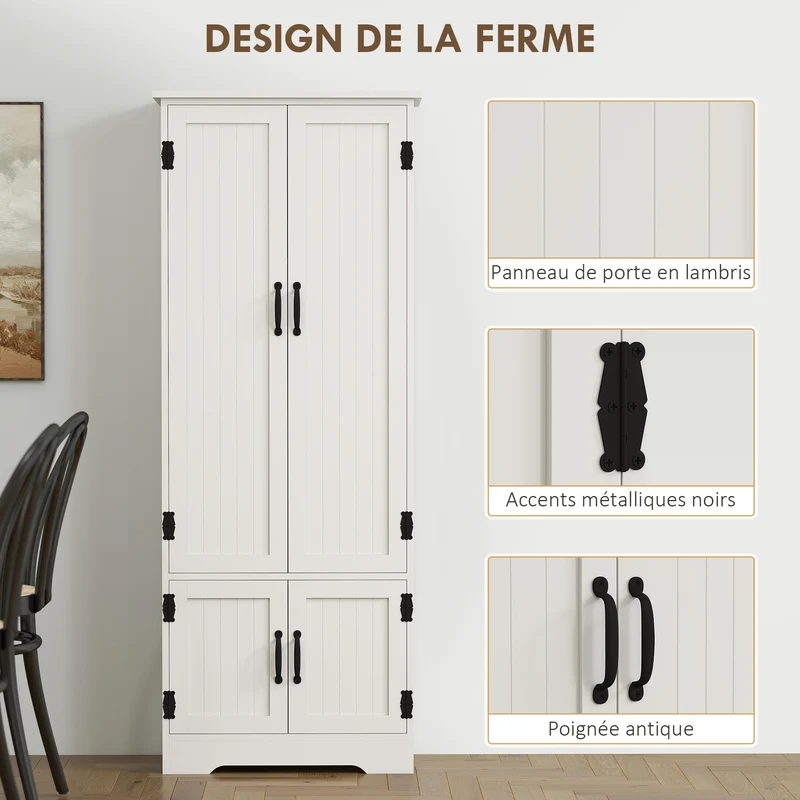 Buffet armoire de cuisine 60 x 30 x 153 cm grand rangement sécurisé multi étagères style contemporain épuré en MDF blanc 21_0002615