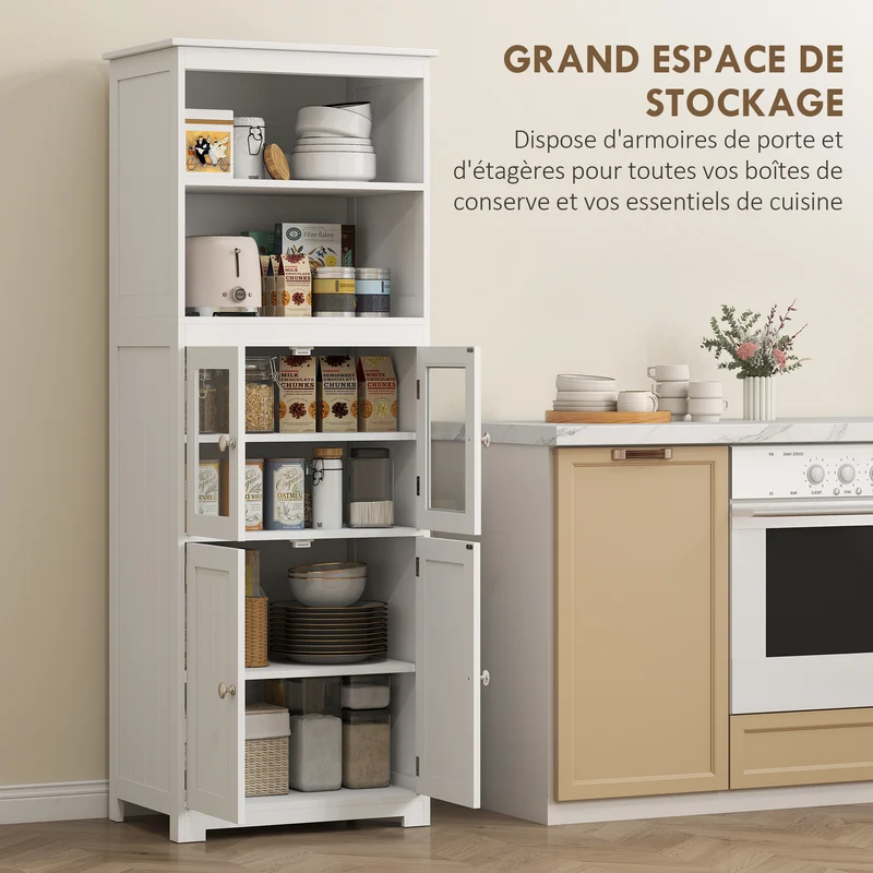 Armoire de cuisine vaisselier 60 x 30 x 162 cm rangement portes vitrées étagères réglables moderne épuré en MDF blanc 21_0002246