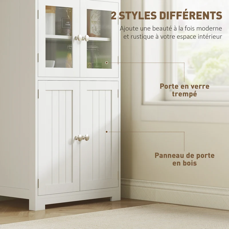 Armoire de cuisine vaisselier 60 x 30 x 162 cm rangement portes vitrées étagères réglables moderne épuré en MDF blanc 21_0002246