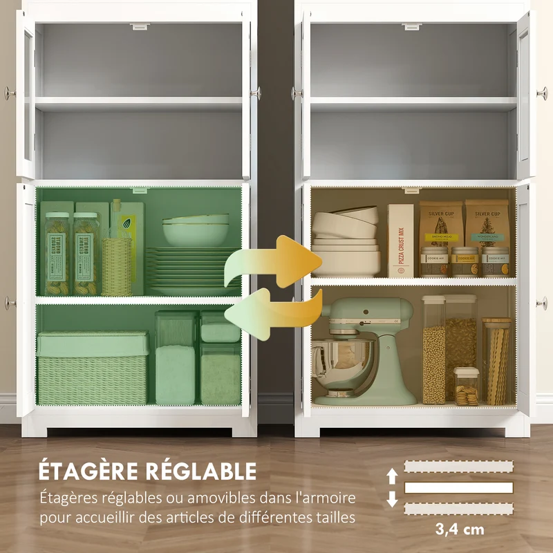 Armoire de cuisine vaisselier 60 x 30 x 162 cm rangement portes vitrées étagères réglables moderne épuré en MDF blanc 21_0002246
