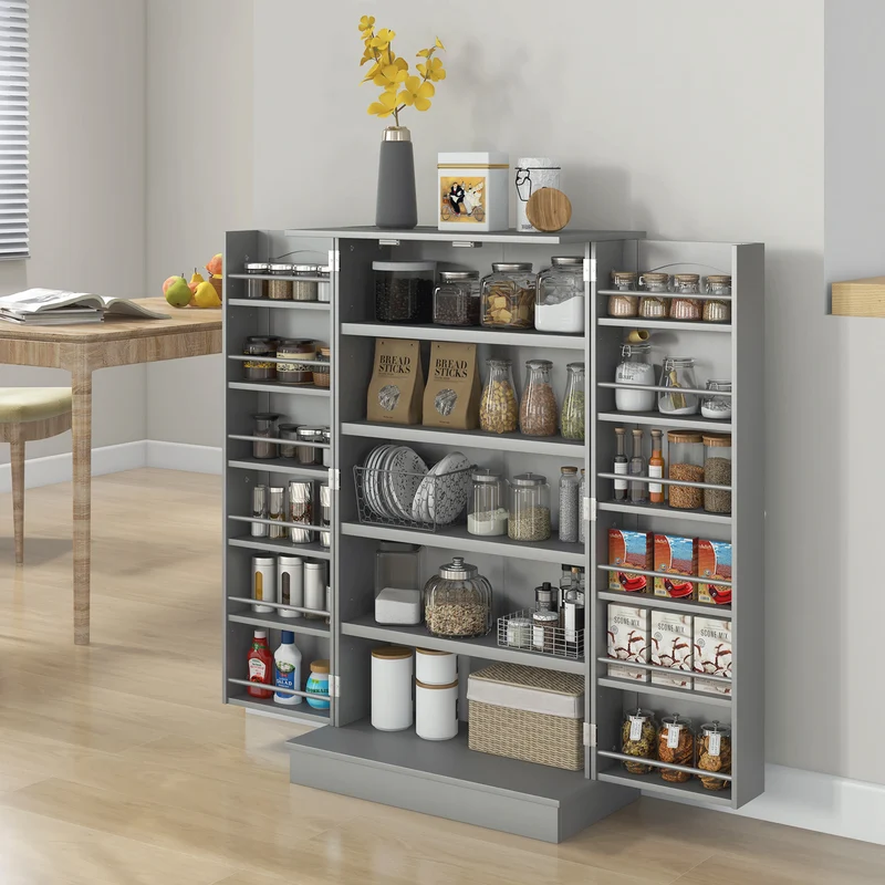 Armoire de cuisine rangement 60 x 30 x 104 cm gain de place 5 étagères 12 porte-épices contemporain épuré en MDF gris 21_0003199