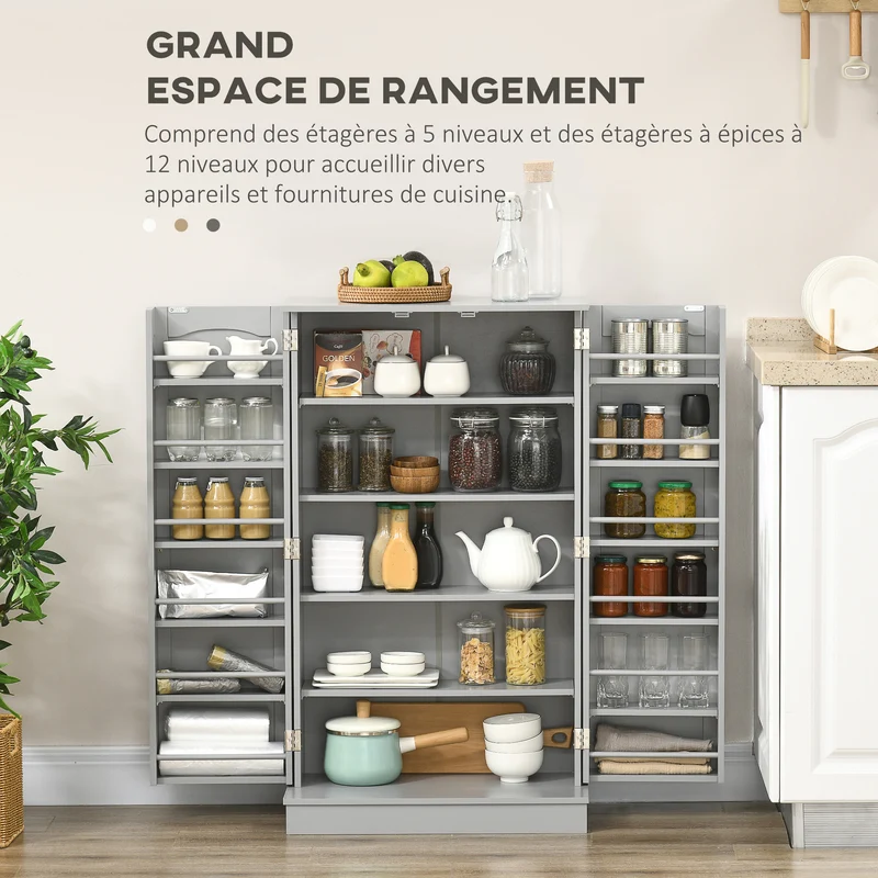 Armoire de cuisine rangement 60 x 30 x 104 cm gain de place 5 étagères 12 porte-épices contemporain épuré en MDF gris 21_0003199
