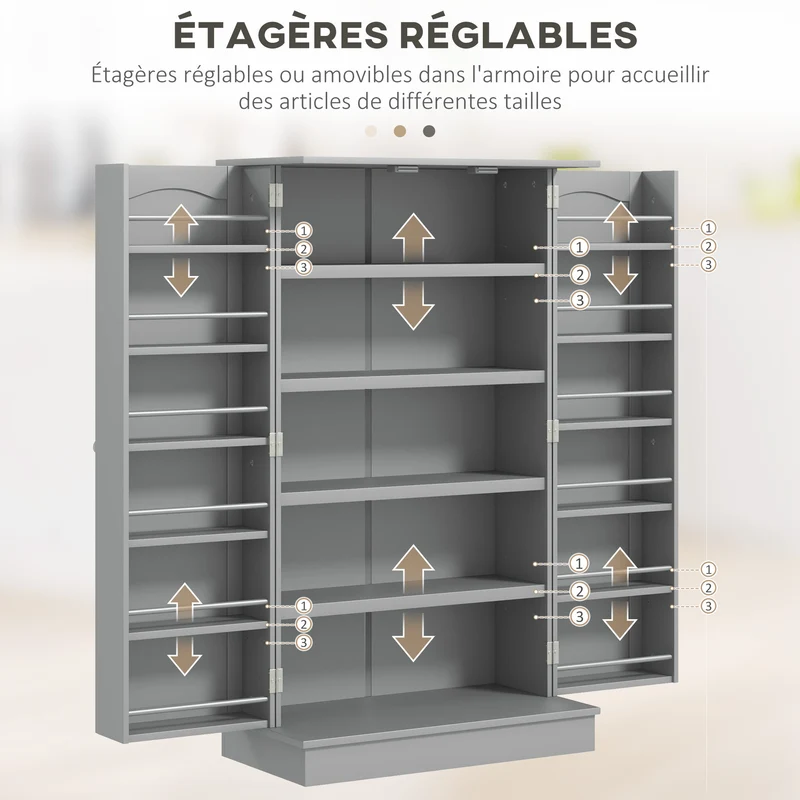 Armoire de cuisine rangement 60 x 30 x 104 cm gain de place 5 étagères 12 porte-épices contemporain épuré en MDF gris 21_0003199