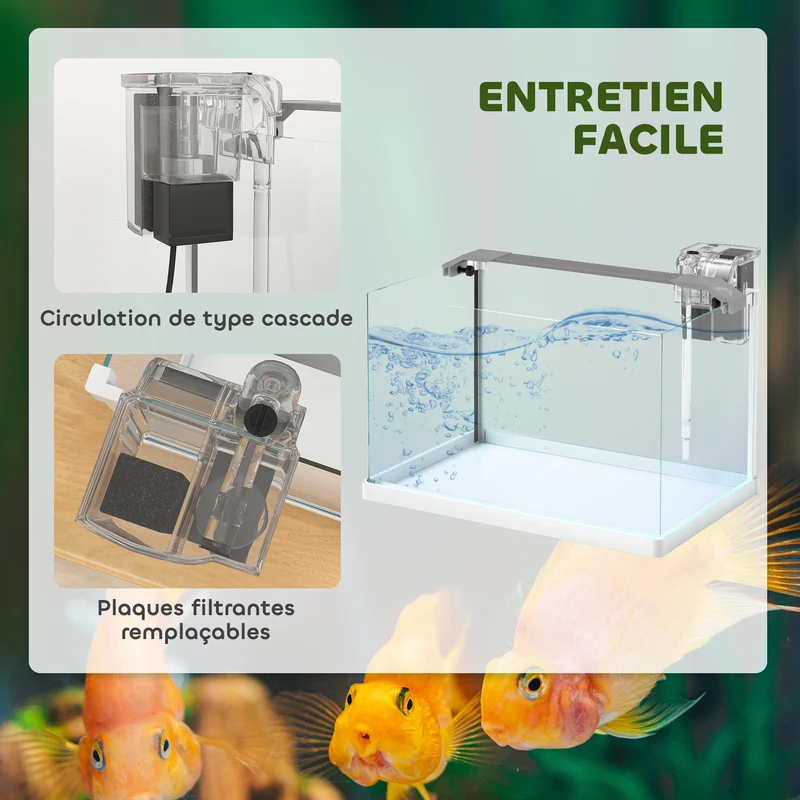 Aquarium rectangulaire 20l 38 x 26 x 27 cm filtration cascade éclairage led avec pompe design moderne en verre blanc 21_0008041