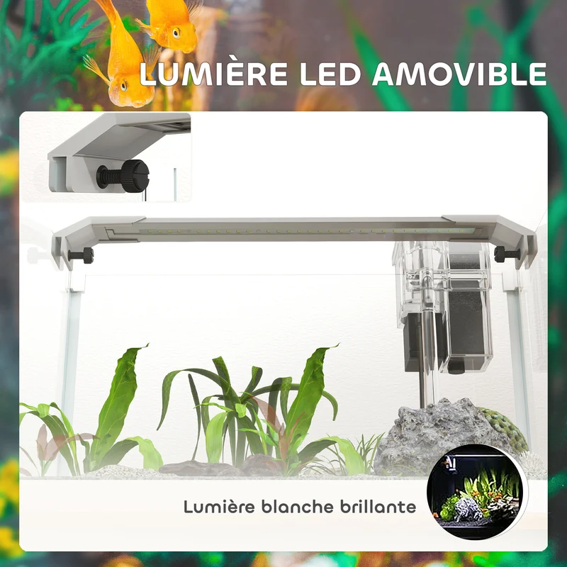 Aquarium rectangulaire 20l 38 x 26 x 27 cm filtration cascade éclairage led avec pompe design moderne en verre blanc 21_0008041