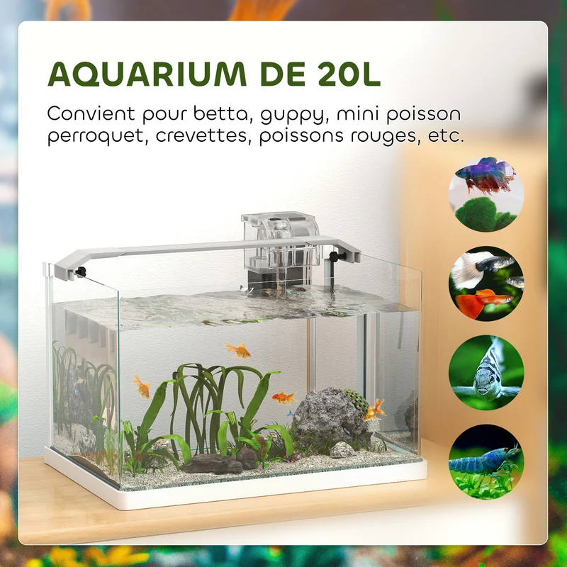 Aquarium rectangulaire 20l 38 x 26 x 27 cm filtration cascade éclairage led avec pompe design moderne en verre blanc 21_0008041