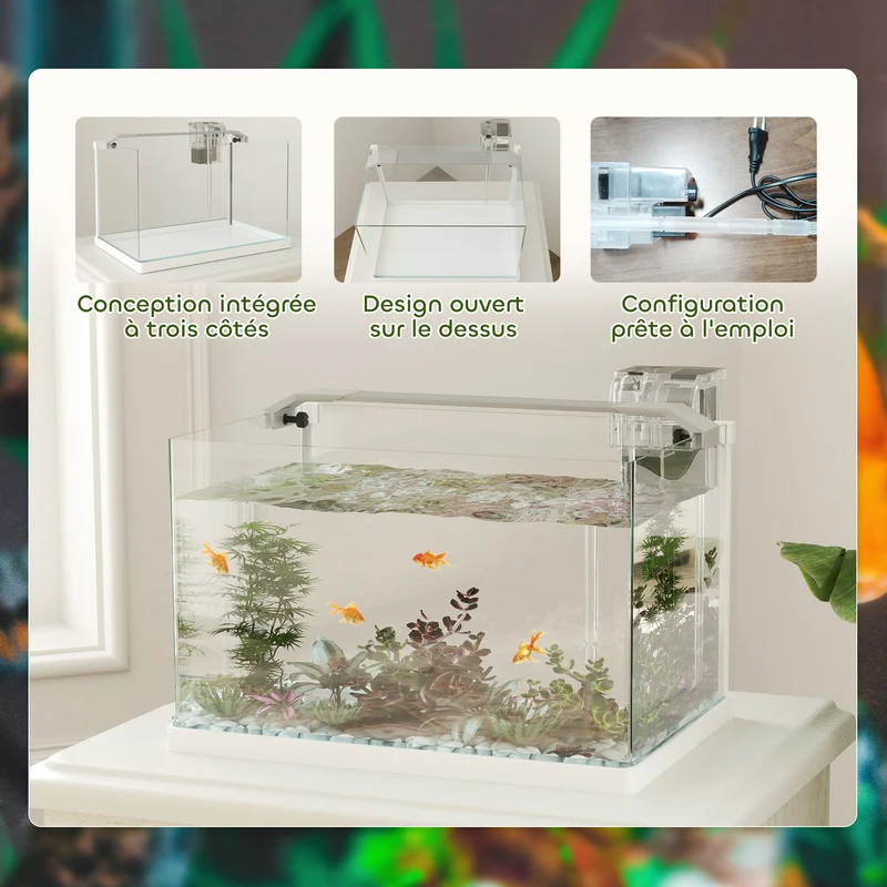 Aquarium rectangulaire 20l 38 x 26 x 27 cm filtration cascade éclairage led avec pompe design moderne en verre blanc 21_0008041