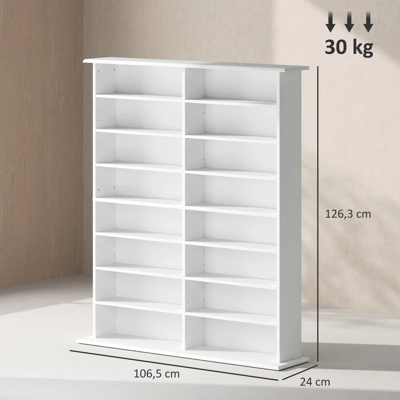 Étagère rangement cd dvd 106,5 x 24 x 126,3 cm capacité 720 cd étagères réglables épuré en panneau de particules blanc 21_0002517