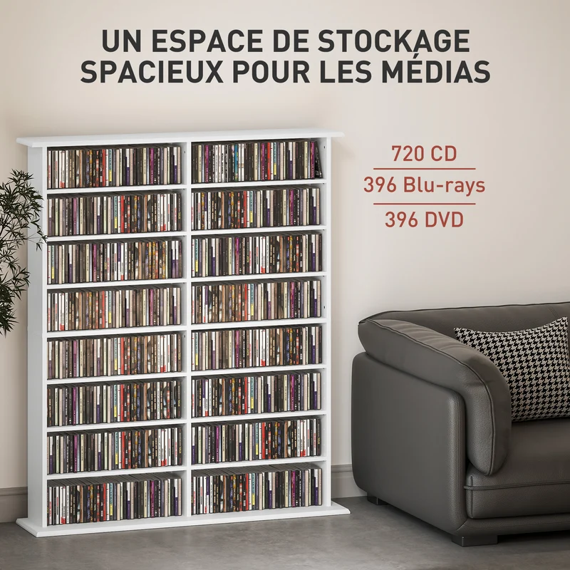 Étagère rangement cd dvd 106,5 x 24 x 126,3 cm capacité 720 cd étagères réglables épuré en panneau de particules blanc 21_0002517