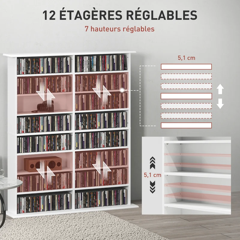 Étagère rangement cd dvd 106,5 x 24 x 126,3 cm capacité 720 cd étagères réglables épuré en panneau de particules blanc 21_0002517