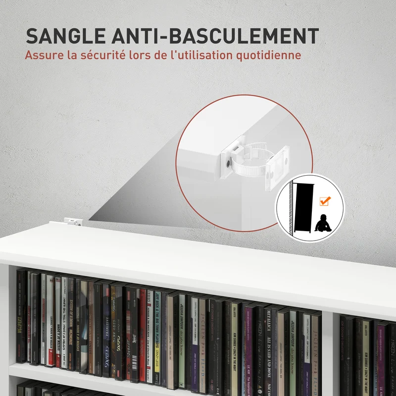 Étagère rangement cd dvd 106,5 x 24 x 126,3 cm capacité 720 cd étagères réglables épuré en panneau de particules blanc 21_0002517