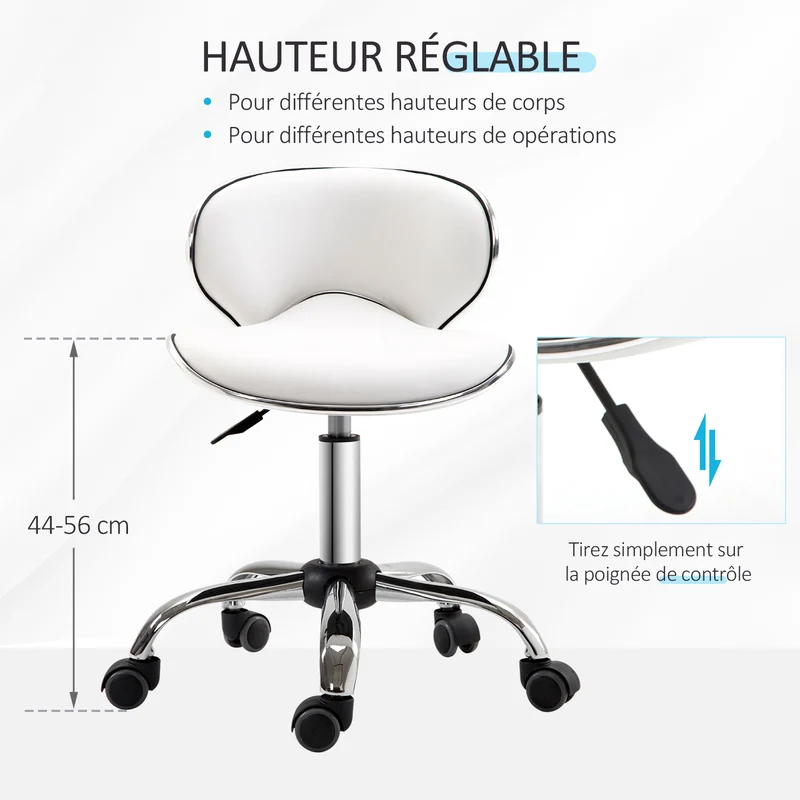 Tabouret de travail à roulettes 44 x 48 x 62-74 cm hauteur réglable assise rembourrée pivotant 360 moderne en PU blanc 21_0006147