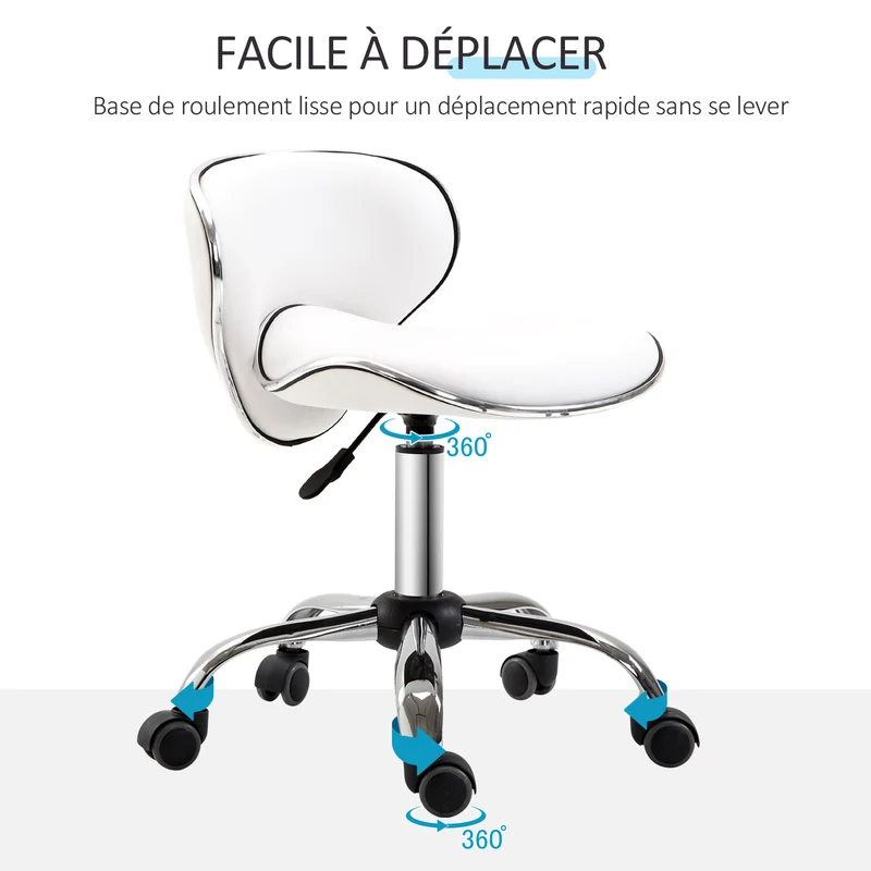 Tabouret de travail à roulettes 44 x 48 x 62-74 cm hauteur réglable assise rembourrée pivotant 360 moderne en PU blanc 21_0006147