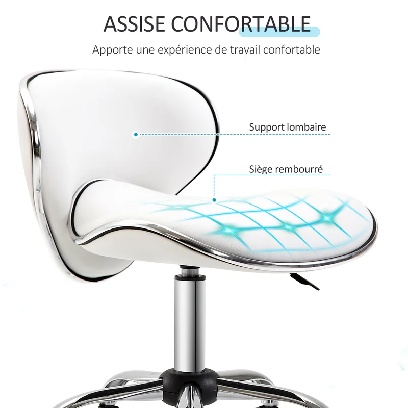 Tabouret de travail à roulettes 44 x 48 x 62-74 cm hauteur réglable assise rembourrée pivotant 360 moderne en PU blanc 21_0006147