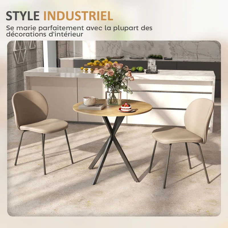 Table à manger ronde 80 x 75 cm pour 2 personnes stable style industriel épuré en panneau de particules blanc chêne 21_0003317