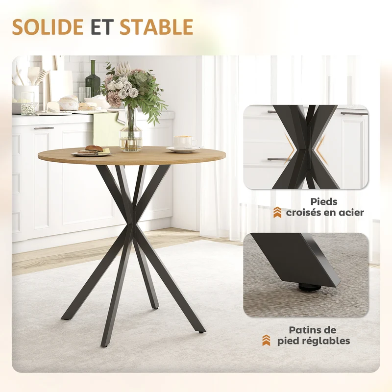 Table à manger ronde 80 x 75 cm pour 2 personnes stable style industriel épuré en panneau de particules blanc chêne 21_0003317