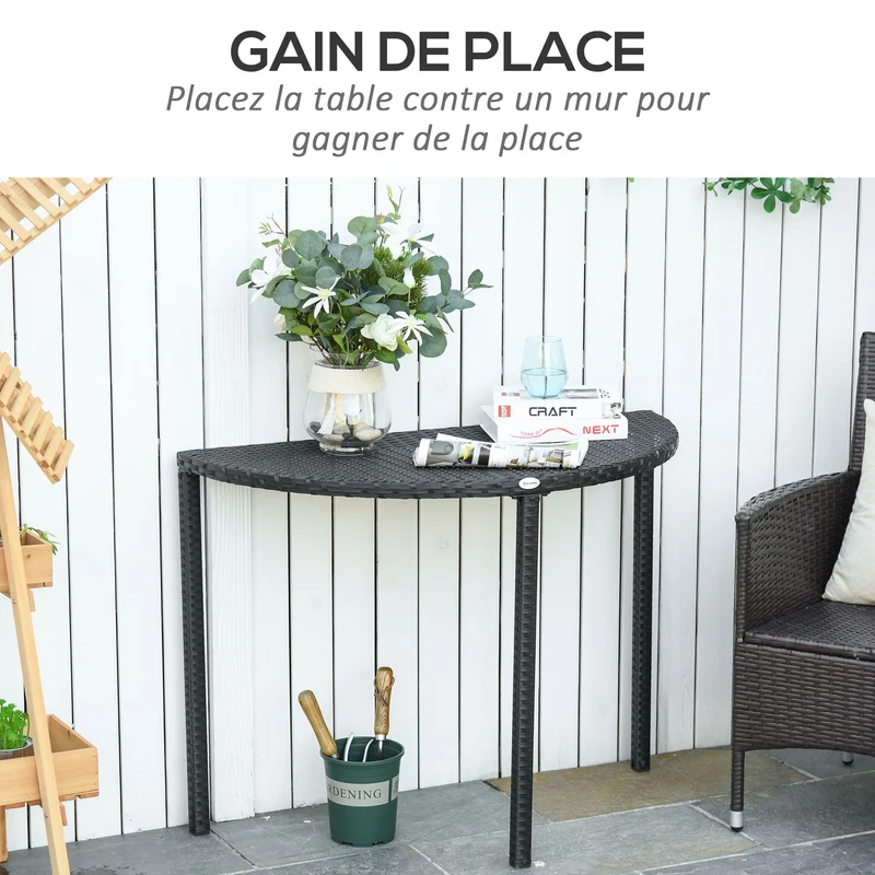 Table de jardin demi-lune balcon 100 x 50 x 74 cm gain de place assise 3 personnes tendance contemporain en résine noir 21_0006040